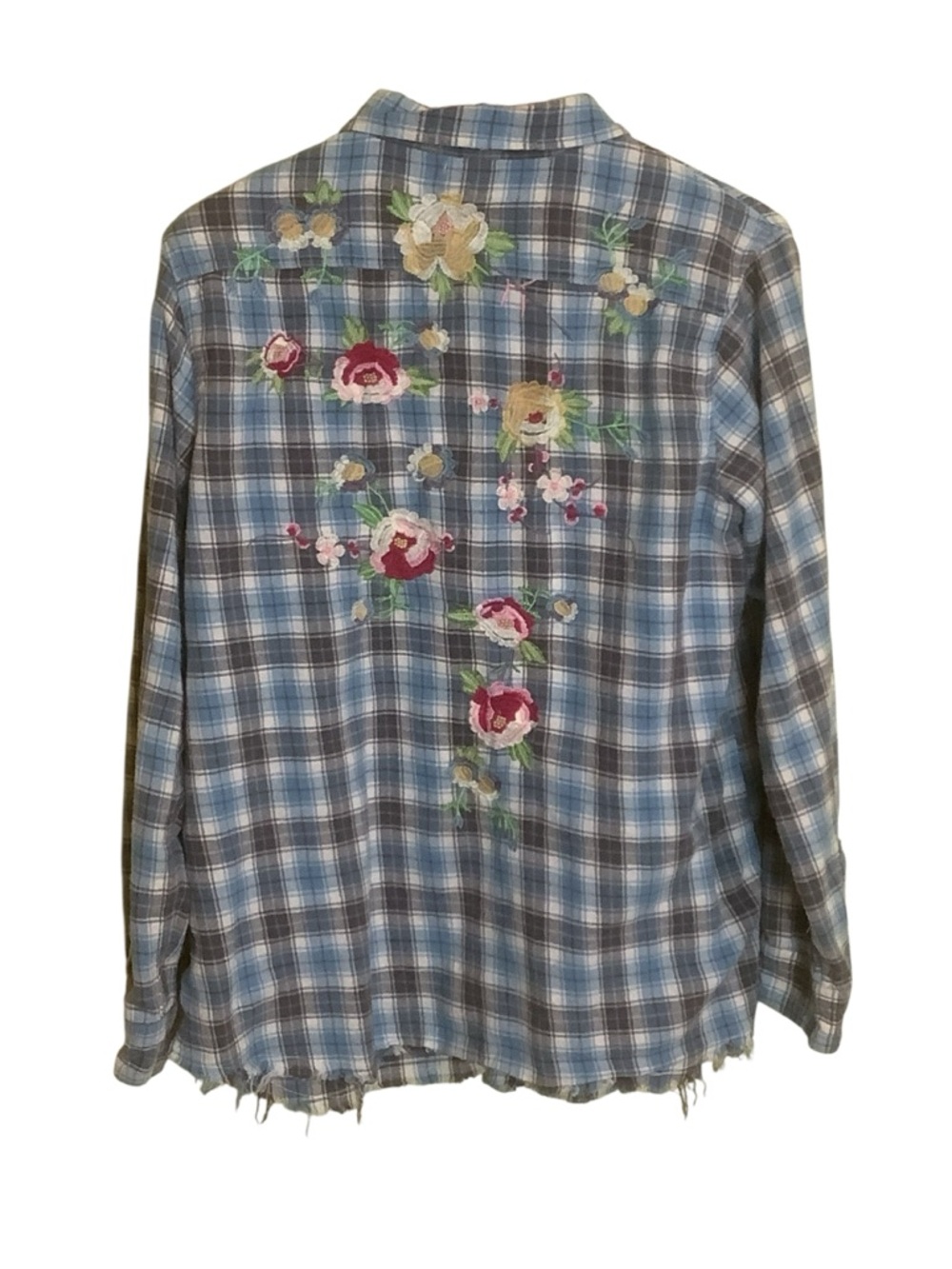 MM Vintage Plaid Embroidered Shirt Boho Festival Floral Back Top L - Picture 3 of 11